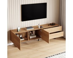 FloraGrace Tv Meubel - 3D Golfstructuur Met Deuren En Dubbele Lades - Opbergkast Voor Woonkamer - Spaanplaat Naturel - 180x38x51,5 Cm