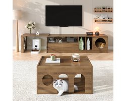 FloraGrace Tv-Meubel - Draaibaar Uitschuifbaar Met Kattenruimte - Woonkamer - MDF En Glas - 180-260x40x50 Cm - Notenbruin
