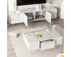FloraGrace Tv Meubel En Salontafel Set - Hoogglans Met Opbergruimte - Voor Woonkamer - MDF - 170x35x46 En 100x60x41,5 Cm - Wit
