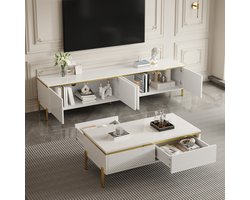 FloraGrace Tv Meubel En Salontafel Set - Hoogglans Met Opbergruimte - Voor Woonkamer - Spaanplaat Wit - 170x38x50 En 100x50x36 Cm