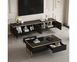 FloraGrace Tv Meubel En Salontafel Set - Hoogglans Met Opbergruimte - Woonkamer - Spaanplaat - Zwart - 170x38x50 100x50x36 Cm