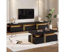 FloraGrace Tv Meubel En Salontafel Set - Marmerlook Blad Met Hoogglans - Voor Woonkamer Met Grote Televisie - Spaanplaat Zwart - 200x40x42 Cm