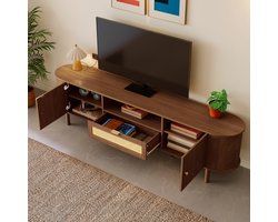 FloraGrace Tv-Meubel - Gebogen Design Met Laden En Open Vak - Voor Woonkamer - MDF - 175x36x51 Cm - Walnoot