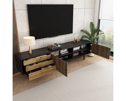 FloraGrace Tv Meubel - Golfpatroon Deurpanelen Met 2 Deuren En 3 Lades - Opbergkast Voor Woonkamer - MDF Spaanplaat Zwart Naturel - 180x38x50 Cm