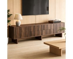 FloraGrace Tv-Meubel - Golvend Design Met 4 Lades En 2 Deuren - Voor Woonkamer - Spaanplaat Walnootkleur - 180x40x56 Cm