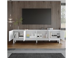 FloraGrace Tv Meubel - Greeploze Golvende Deuren Met Opbergruimte - Lage Kast Voor Woonkamer - MDF Spaanplaat - 169x34x45,5 Cm - Wit