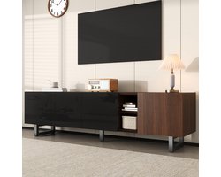 FloraGrace Tv Meubel - Hoogglans Front Met Houtnerf - 4 Deuren En Open Vakken Voor Woonkamer - MDF Zwart Naturel - 180x38x50 Cm