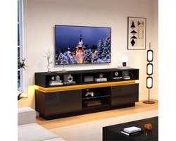 FloraGrace Tv-Meubel - Hoogglans Front Met Led En 10 Opbergvakken - Voor Woonkamer - Mdf En Glas - 160x35x60 Cm - Zwart