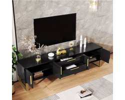 FloraGrace Tv Meubel - Hoogglans Met 4 Deuren En 2 Middenladen - Opbergruimte Voor Woonkamer - Mdf Zwart Met Goud - 170x40x53,5 Cm