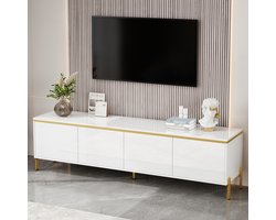 FloraGrace Tv Meubel - Hoogglans Met 4 Deuren En Kabeldoorvoer - Voor Woonkamer - Spaanplaat Wit Goud - 170x38x50 Cm