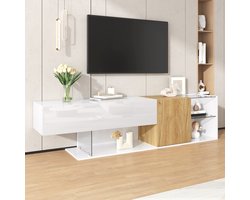 FloraGrace Tv Meubel - Hoogglans Met Houtlook En Glazen Legplanken - Met 2 Deuren En Open Vak Voor Woonkamer - Spaanplaat Wit Naturel - 180x38x48 Cm