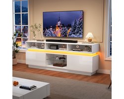 FloraGrace Tv-Meubel - Hoogglans Met Led En 10 Vakken - Voor Woonkamer En Kleine Ruimtes - Mdf En Glas - 160x35x60 Cm - Wit