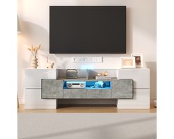 FloraGrace Tv Meubel - Hoogglans Met Led Verlichting En Veel Opbergruimte - Voor Woonkamer - Spaanplaat - Wit Beton - 145x30x51 Cm