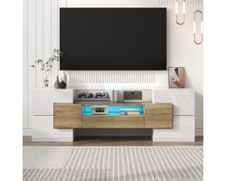 FloraGrace Tv Meubel - Hoogglans Met Led Verlichting En Veel Opbergruimte - Voor Woonkamer - Spaanplaat Wit Goud - 145x30x51 Cm