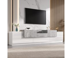 FloraGrace TV Meubel - Hoogglans Wit Met Cementlook En Glasplank - Modern Opbergmeubel Voor Woonkamer - PB En MDF - 200 Cm