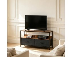 FloraGrace Tv Meubel - Industrieel Met 2 Opvouwbare Lades En Open Vak - Voor Woonkamer En Slaapkamer - Houtstof En Metaal - 98 X 29 X 56 Cm - Zwart Grijs Bruin