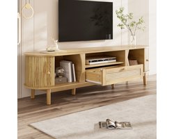 FloraGrace Tv-Meubel - Met Schuifdeur, Laden En Opbergruimte - Voor Woonkamer - MDF En Rattan - 165x37x46 Cm - Naturel