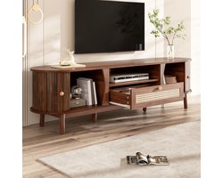 FloraGrace Tv Meubel - Met Schuifdeur, Laden En Open Vakken - Voor Woonkamer - MDF Met Rotanlook - 165x37x46 Cm - Noten