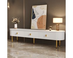 FloraGrace Tv Meubel - Modern Design Met 3 Lades En Gouden Poten - Voor Woonkamer En Mediahoek - Mdf Wit En Goud - 174x35x41 Cm