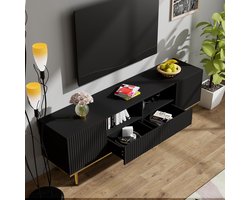 FloraGrace Tv Meubel - Modern Design Met Gouden Poten En Rand - Opbergkast Met 2 Lades En 2 Vakken Voor Woonkamer - Spaanplaat - Zwart - 165x36x55 Cm