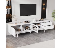 FloraGrace Tv Meubel - Modern Minimalistisch Met 2 Deuren En 2 Lades - Voor Woonkamer En Tv Wand - Spaanplaat Wit - 200x40x50,5 Cm