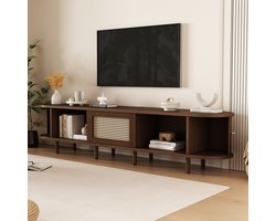 FloraGrace Tv Meubel - Ovale Kast Met Rotanlook En Schuifdeuren - Opbergen Voor Woonkamer - MDF En Eiken Kleur - 180x40x40 Cm