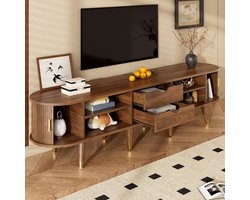 FloraGrace Tv Meubel - Rattan Schuifdeur En Opbergruimte - Voor Woonkamer En Mediacorner - MDF Walnootkleur - 175x38x45 Cm