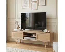 FloraGrace Tv Meubel - Rieten Schuifdeuren Met Verstelbare Planken - Voor Woonkamer En Werkplek - Hout - 140x40x46,5 Cm - Naturel