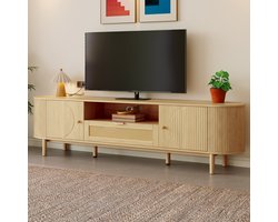 FloraGrace Tv Meubel - Verstelbaar Met Rotan Lade En Kabeldoorvoer - Voor Woonkamer - MDF En Metaal - 175x36x51 Cm - Naturel