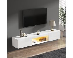 FloraGrace Tv Meubel Wand - Hoogglans Met Led Verlichting En Kabelbeheer - Voor Tv Tot 70 Inch - Spaanplaat Wit - 160x31x22 Cm