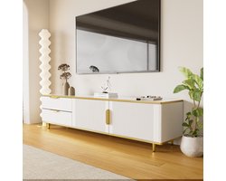 FloraGrace Tv Meubel - Wit Met Gouden Grepen En Poten - Met 2 Lades En 2 Deuren Voor Woonkamer - Spaanplaat - 175x40x45 Cm