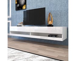 FloraGrace Tv-Meubel - Zwevend Met Ledverlichting En Veel Opbergruimte - Voor Woonkamer - Mdf - 140x40x30,5 Cm - Wit