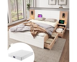 FloraGrace Tweepersoonsbed 140x200cm – Met Leeslamp En Usb Oplaadpunt – Met 2 Lades En 2 Nachtkastjes – Met Matras – Massief Hout En Mdf – Wit Licht Eiken