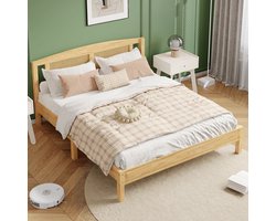 FloraGrace Tweepersoonsbed 160x200cm – Rotan Hoofdbord Met Lattenbodem – Met Middenpoten – Voor Tieners En Volwassenen – Hout – Naturel | Zonder matras