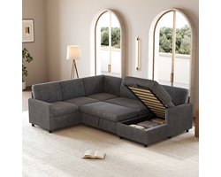 FloraGrace U-Bank 274 x 220 x 85 cm - U-Vormige Slaapbank Met Opbergruimte En Chaise Longue - Voor Woonkamer - Ribcord - Grijs