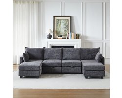 FloraGrace U-Bank 289,6 x 141 x 87,6 cm - 6-Zits Modulaire Hoekbank Met Opbergruimte En Slaapfunctie - Voor Woonkamer - Chenille - Grijs