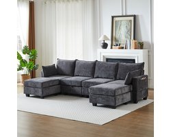 FloraGrace U-Bank – 289,6 x 141 x 87,6 cm – Modulair Met Opbergruimte En Slaapfunctie – Voor Woonkamer – Chenille – Grijs