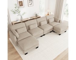 FloraGrace U-bank 330 x 143 x 88 cm - 4 Zitplaatsen en Modulaire Opstelling met Voetenbank - Voor Woonkamer en Appartement - Chenille en Hout - Licht Koffiebruin