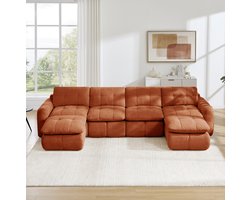 FloraGrace U-bank 4-zits - Modulair en Zonder Montage - Met Dubbele Ottomanen Voor Woonkamer en Appartement - Chenille - Oranje