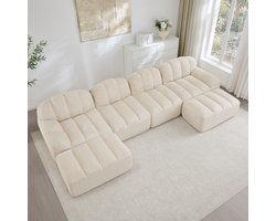 FloraGrace U-Bank 4-Zits - Modulair Met 2 Ottomans En Diepe Zitting - Voor Woonkamer Of Appartement - Fleece - Beige Wit