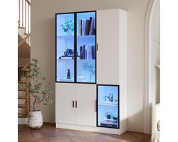 FloraGrace Vitrinekast - Boekenkast Met LED-Verlichting En Glazen Deuren - Voor Woonkamer En Werkkamer - Wit - 120 X 35 X 200 Cm