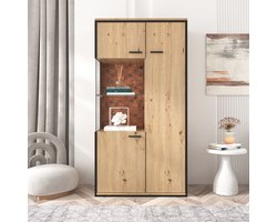 FloraGrace Vitrinekast - Glazen Deur Met Ledverlichting 15 Kleuren - Met 3 Verstelbare Planken Voor Woonkamer - MDF - Naturel - 77,5x40x150 Cm