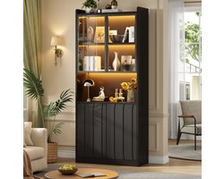 FloraGrace Vitrinekast - Hoge Kast Met Glasdeuren En LED - Voor Woonkamer, Keuken En Hal - Hout En Glas - Zwart - 80x35x200 Cm