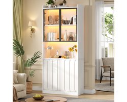 FloraGrace Vitrinekast - Hoge Kast Met Ledverlichting En Glazen Deuren - Voor Woonkamer Keuken Werkkamer Of Hal - Spaanplaat - Wit - 80x35x200 Cm