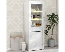 FloraGrace Vitrinekast Met Ledverlichting En Lade - Hoge Opbergkast Voor Woonkamer En Keuken - Spaanplaat Wit Hoogglans - 60x35,5x165 Cm