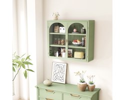 FloraGrace Wandkast - Gevlochten Patroon Met Glazen Deuren - 2 Deurs 3 Niveaus Opbergruimte Voor Hal Woonkamer Badkamer - Metaal En Glas - 70 Cm - Groen
