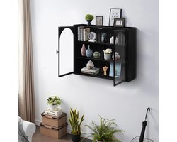 FloraGrace Wandkast Met Glazen Deuren - Gevlochten Patroon En 3 Etages Opbergruimte - Voor Hal Woonkamer Badkamer - Metaal Zwart - 60x70x23 Cm