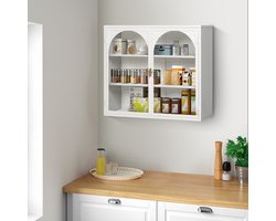 FloraGrace Wandkast Met Glazen Deuren - Gevlochten Patroon En 3 Niveaus Opbergruimte - Voor Hal Woonkamer Badkamer - Metaal Glas - 60x70x23 Cm Wit