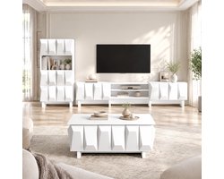 FloraGrace Woonkamermeubel Set - 3 Delig Met 3D Voorzijde - Tv Meubel Vitrinekast En Salontafel - Spaanplaat - Wit - 180x34x44,5 Cm