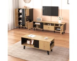 FloraGrace Woonkamermeubelset 3 Delig - Salontafel Met Opbergruimte En Tv Meubel En Led Dressoir - Zwart Hout - Spaanplaat Glas - Set